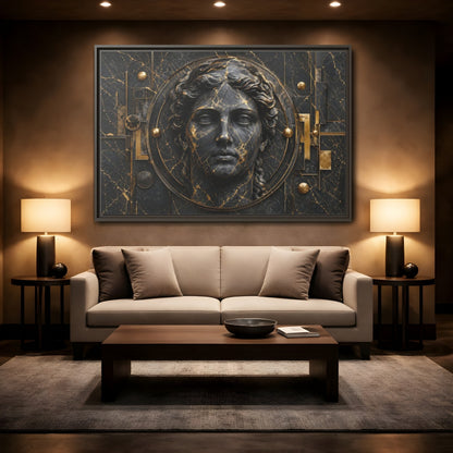 Mockup 2. Abstract Classical Bust Black And Gold shown as stretched canvas wall art