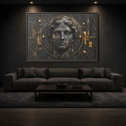 Mockup 3. Abstract Classical Bust Black And Gold shown as stretched canvas wall art
