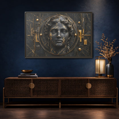 Mockup 4. Abstract Classical Bust Black And Gold shown as stretched canvas wall art