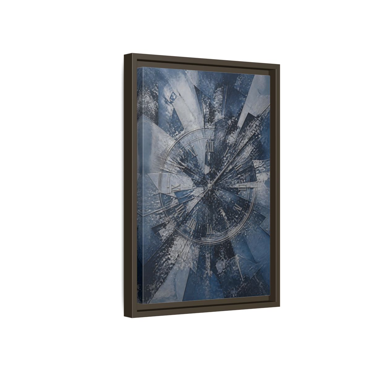 Side Mockup 5. Abstract Clock Blue And Silver shown as stretched canvas wall art