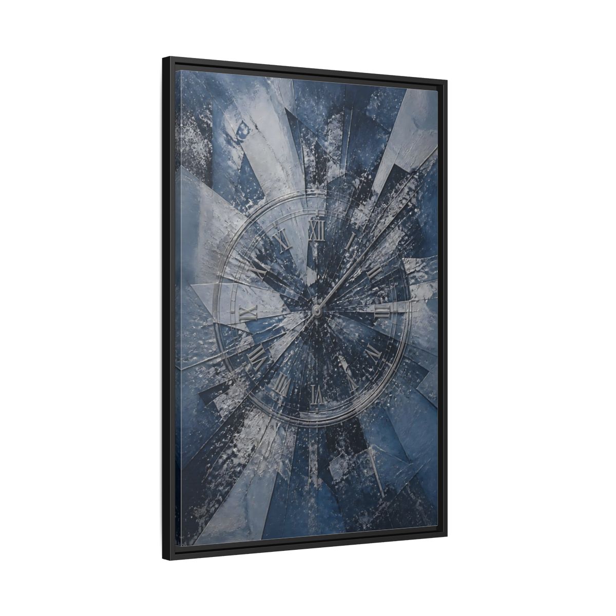 Side Mockup 13. Abstract Clock Blue And Silver shown as stretched canvas wall art