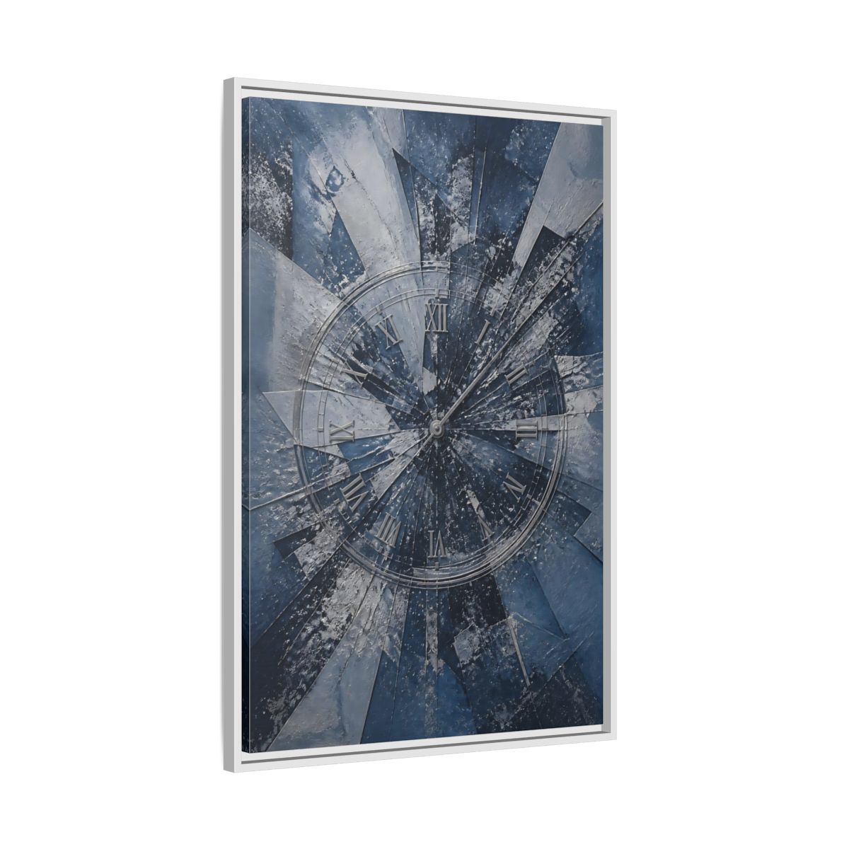 Side Mockup 9. Abstract Clock Blue And Silver shown as stretched canvas wall art