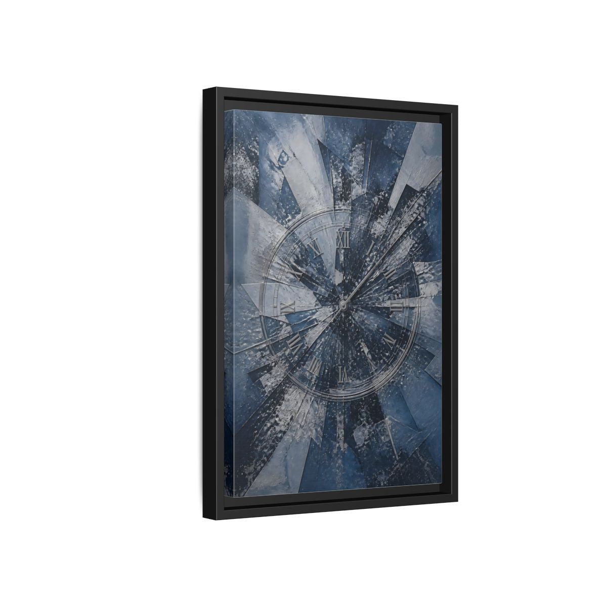 Side Mockup 6. Abstract Clock Blue And Silver shown as stretched canvas wall art