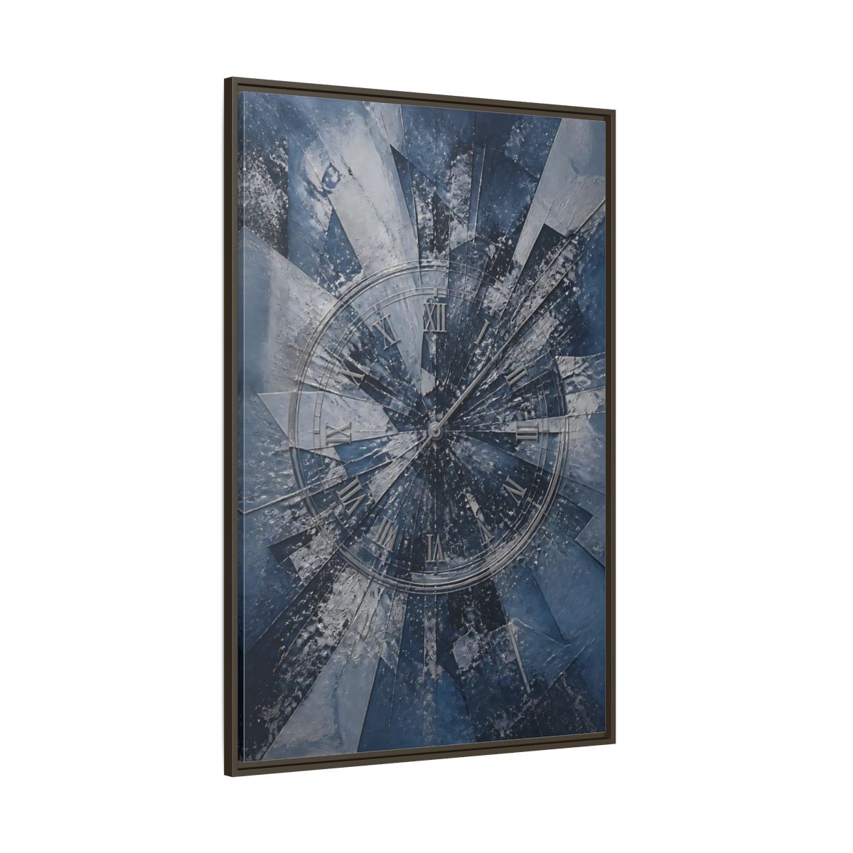 Side Mockup 8. Abstract Clock Blue And Silver shown as stretched canvas wall art