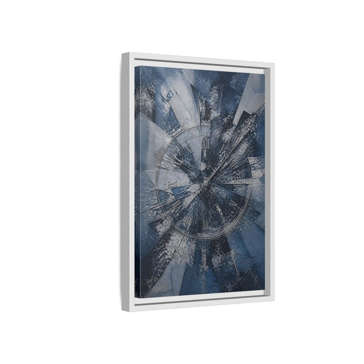 Side Mockup 4. Abstract Clock Blue And Silver shown as stretched canvas wall art