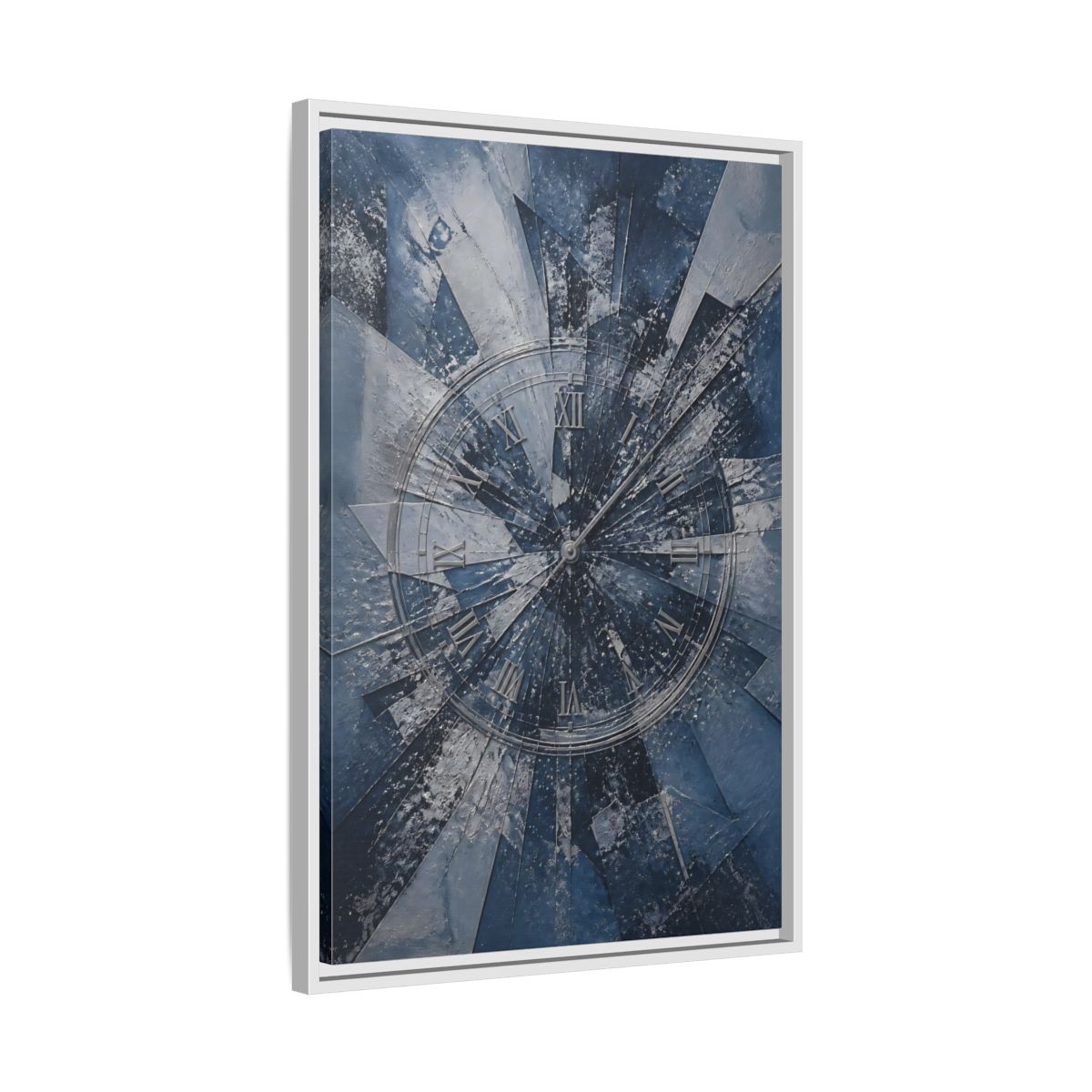 Side Mockup 10. Abstract Clock Blue And Silver shown as stretched canvas wall art