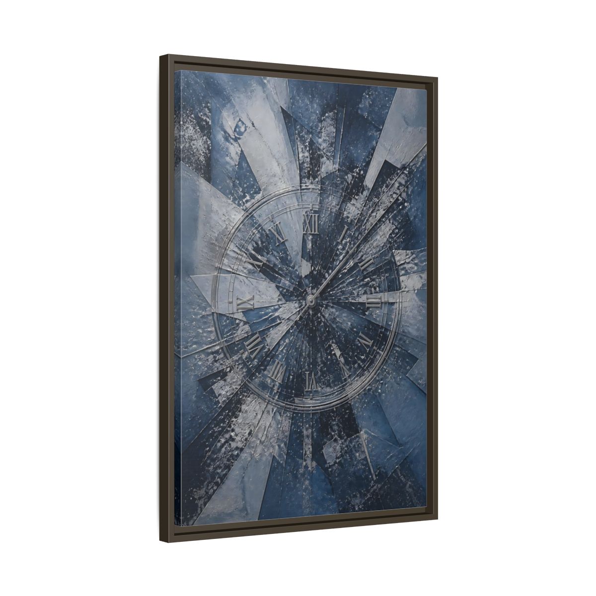 Side Mockup 11. Abstract Clock Blue And Silver shown as stretched canvas wall art