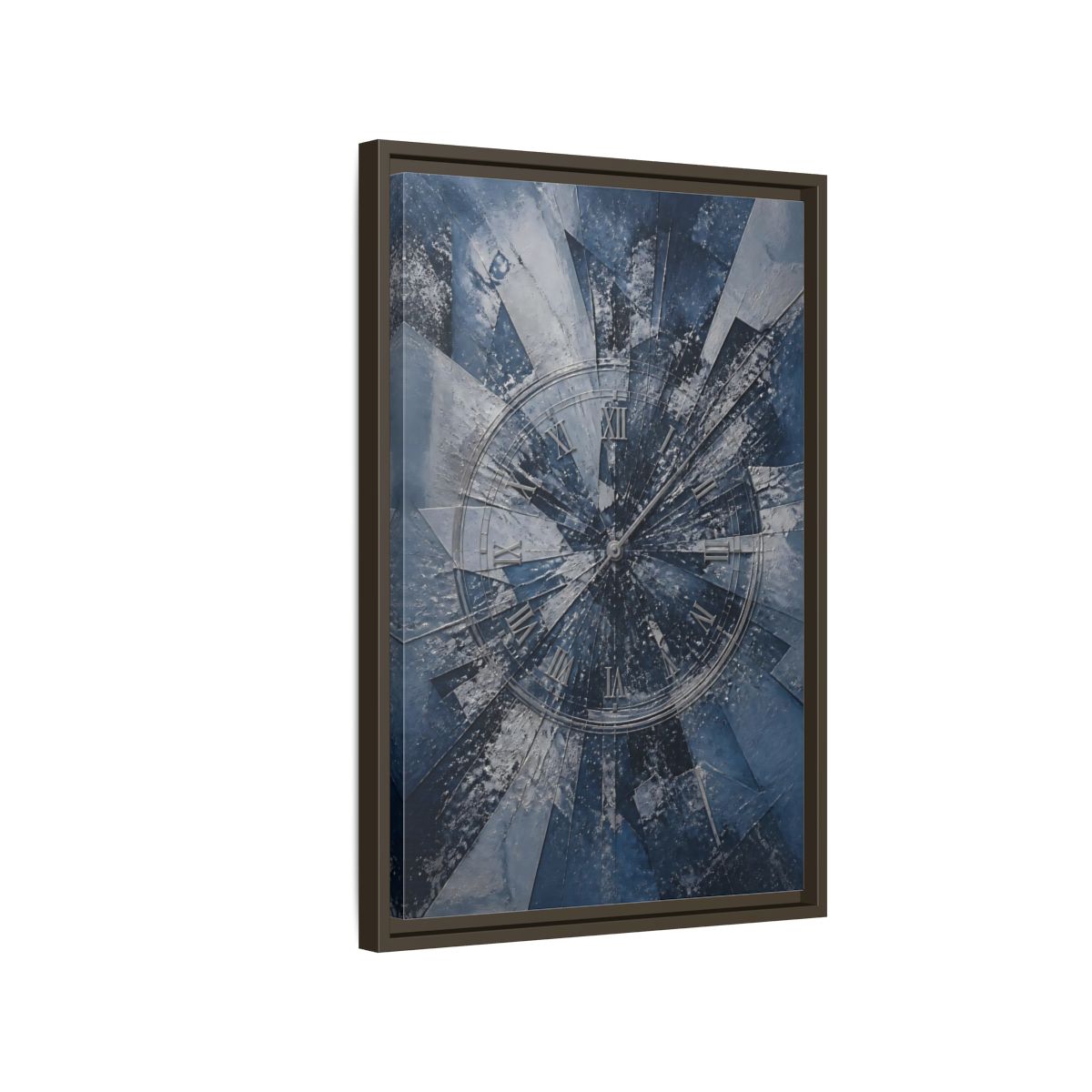 Side Mockup 2. Abstract Clock Blue And Silver shown as stretched canvas wall art