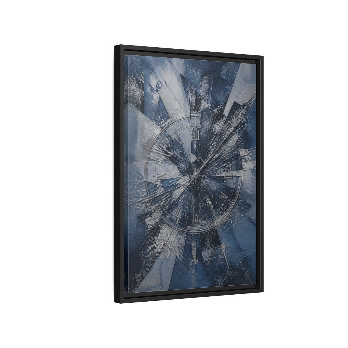 Side Mockup 3. Abstract Clock Blue And Silver shown as stretched canvas wall art
