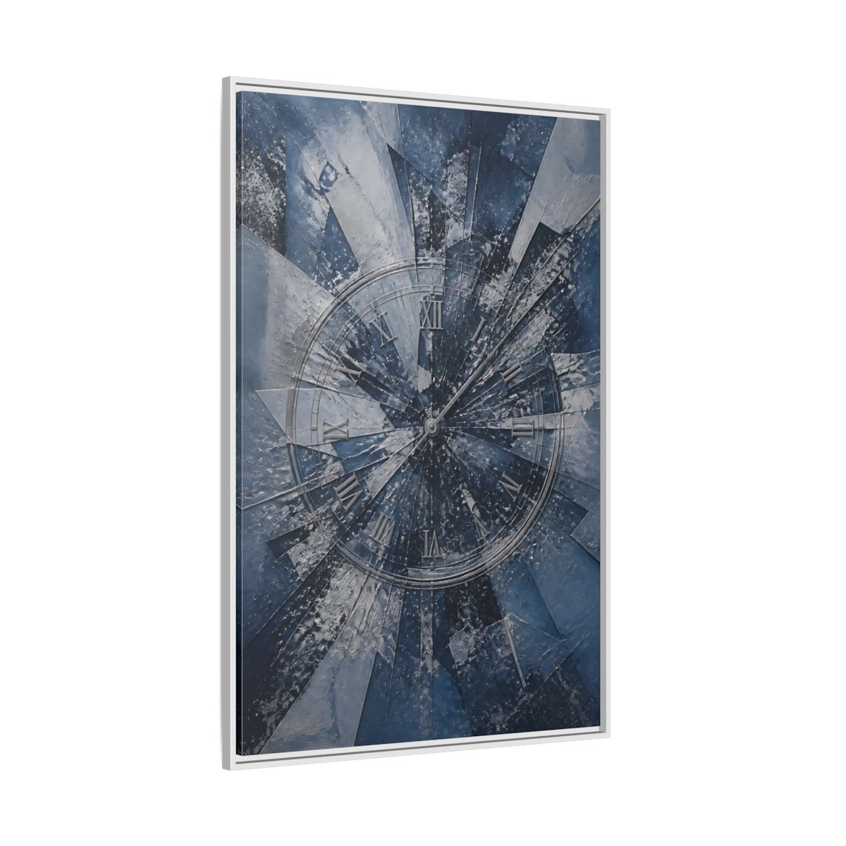 Side Mockup 7. Abstract Clock Blue And Silver shown as stretched canvas wall art