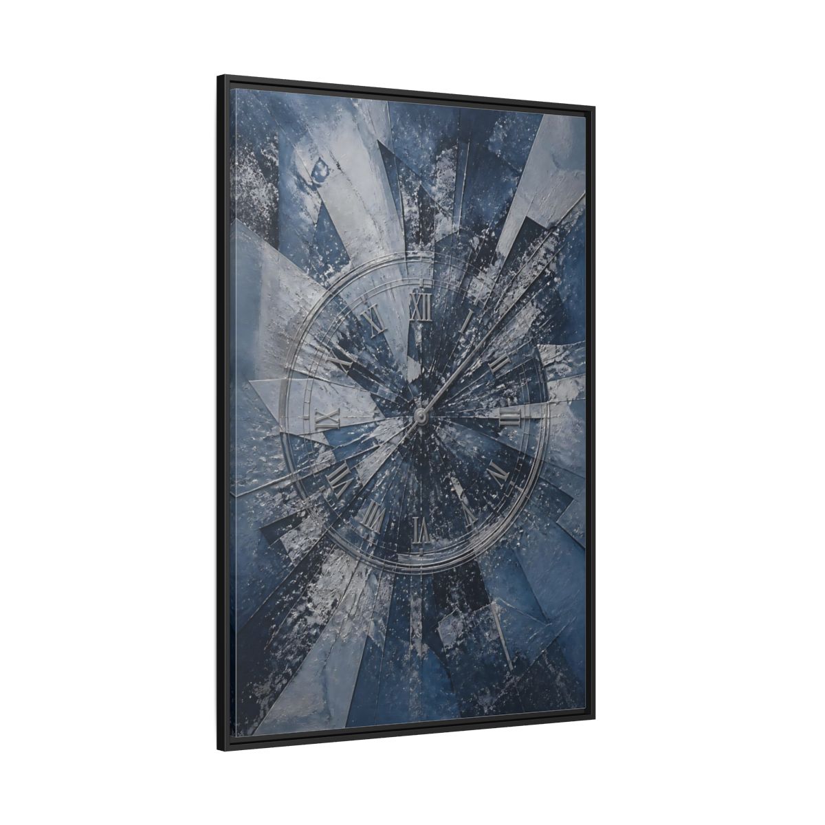 Side Mockup 12. Abstract Clock Blue And Silver shown as stretched canvas wall art