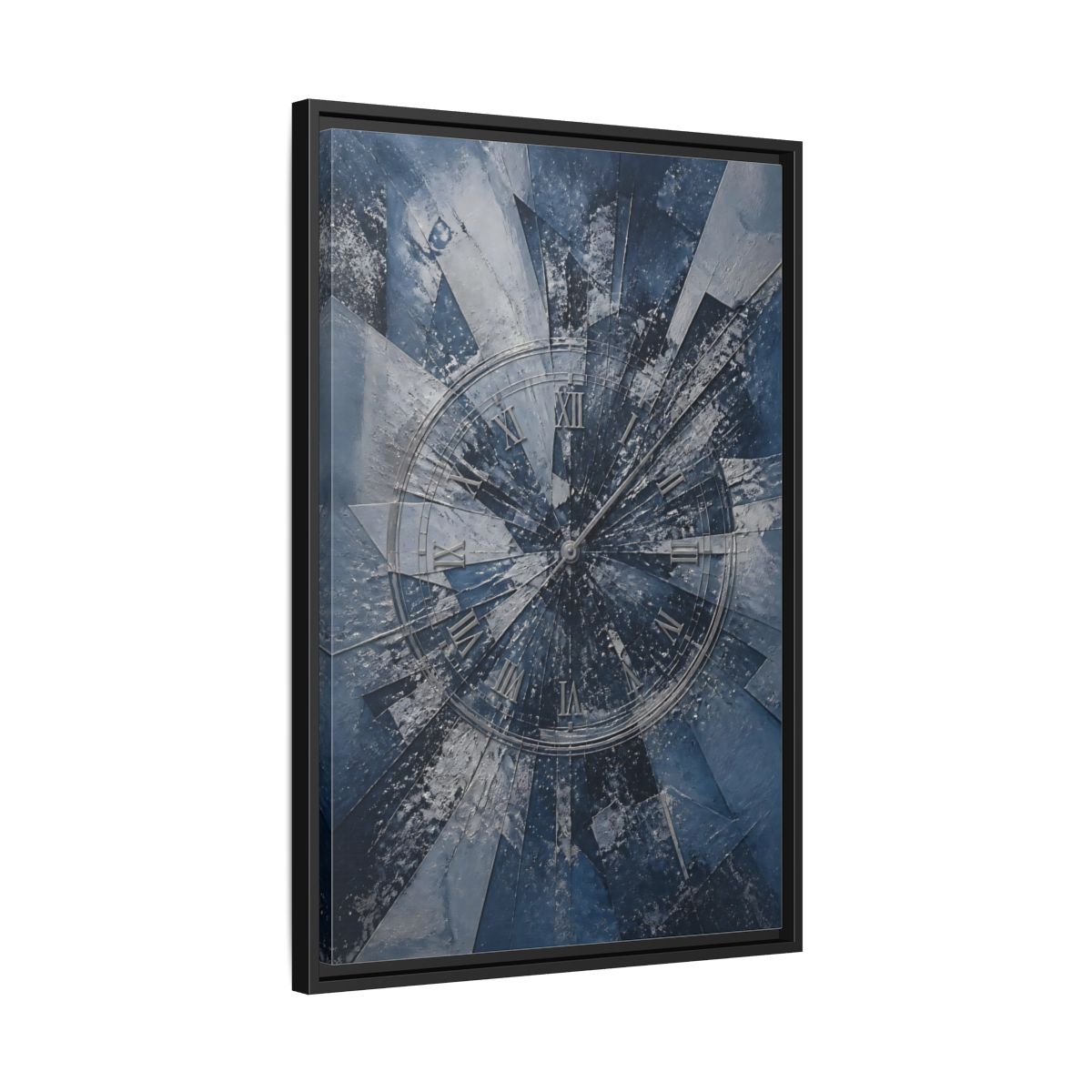 Side Mockup 14. Abstract Clock Blue And Silver shown as stretched canvas wall art