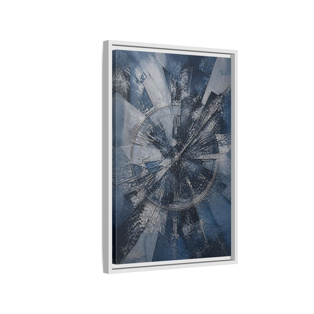 Side Mockup 1. Abstract Clock Blue And Silver shown as stretched canvas wall art