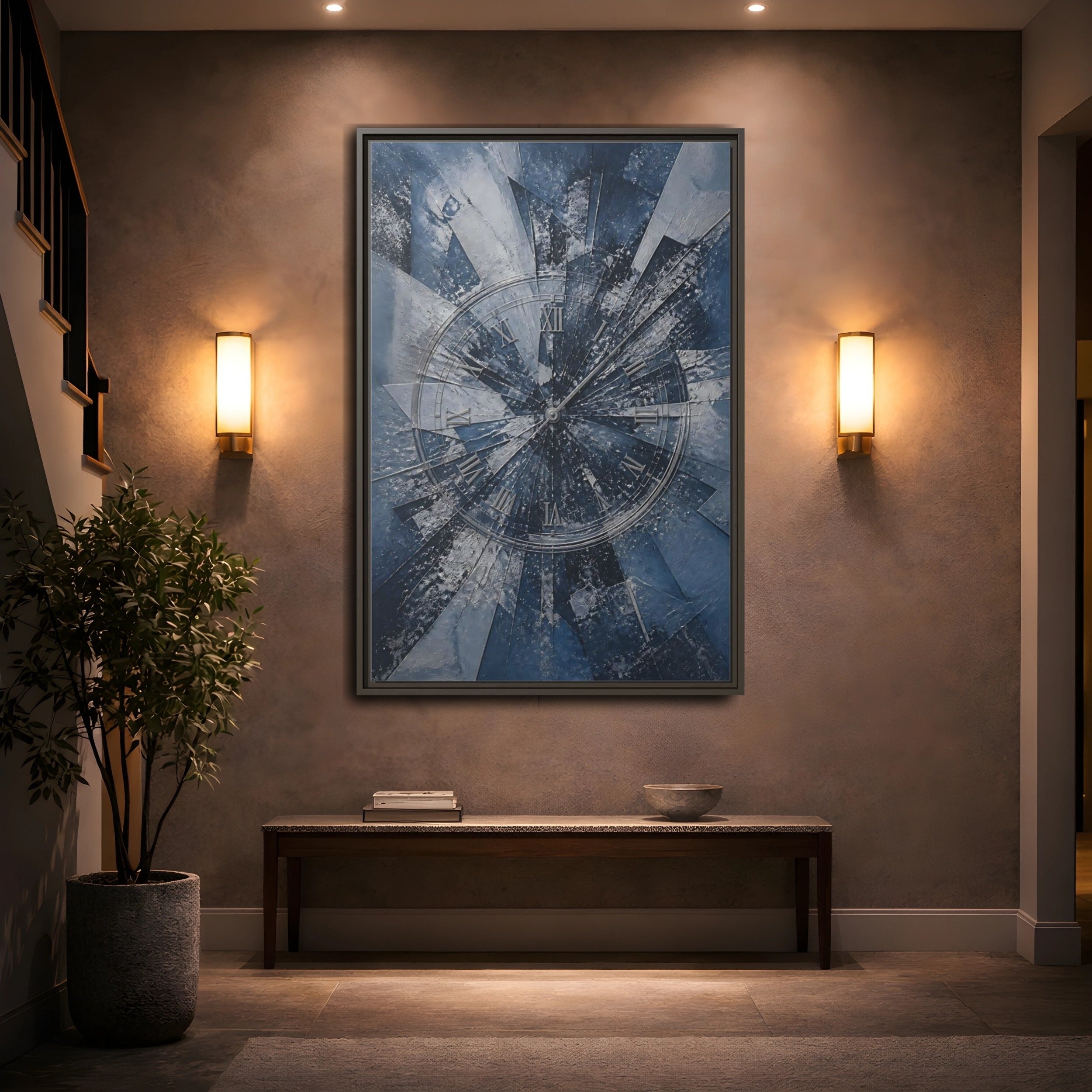 Mockup 2. Abstract Clock Blue And Silver shown as stretched canvas wall art