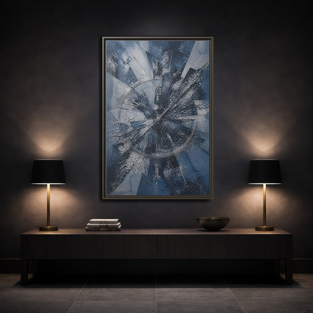 Mockup 3. Abstract Clock Blue And Silver shown as stretched canvas wall art