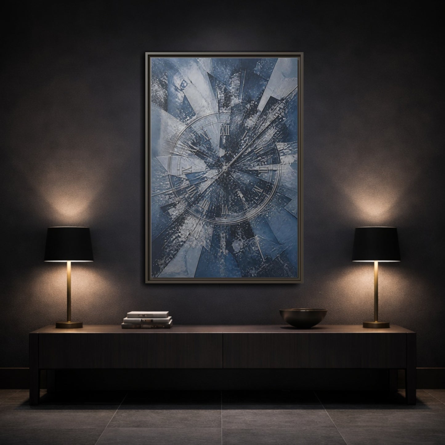 Mockup 3. Abstract Clock Blue And Silver shown as stretched canvas wall art