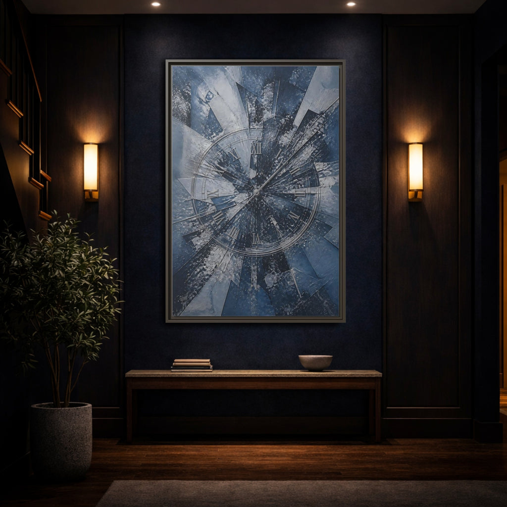 Mockup 4. Abstract Clock Blue And Silver shown as stretched canvas wall art