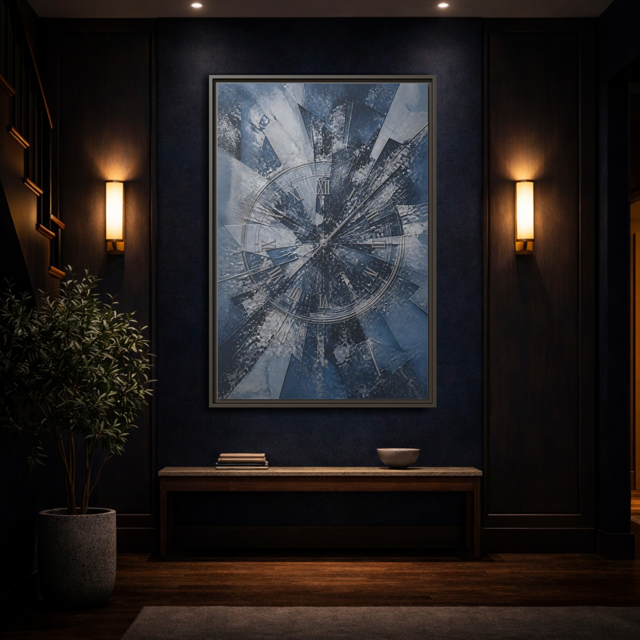 Mockup 4. Abstract Clock Blue And Silver shown as stretched canvas wall art