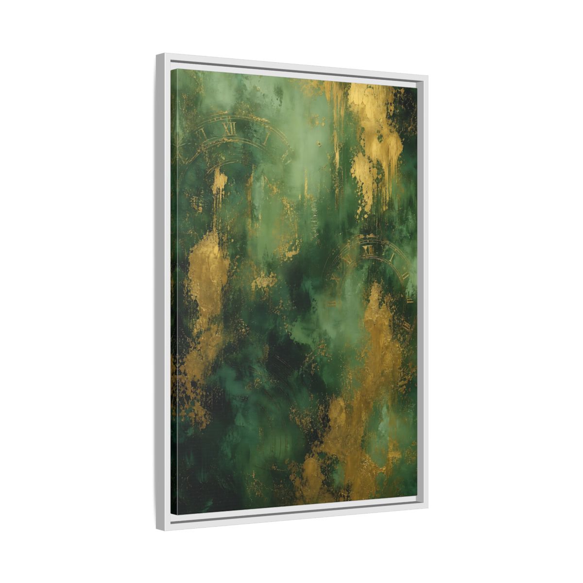 Side Mockup 10. Abstract Abstract Clock Green And Gold Abstract shown as stretched canvas wall art