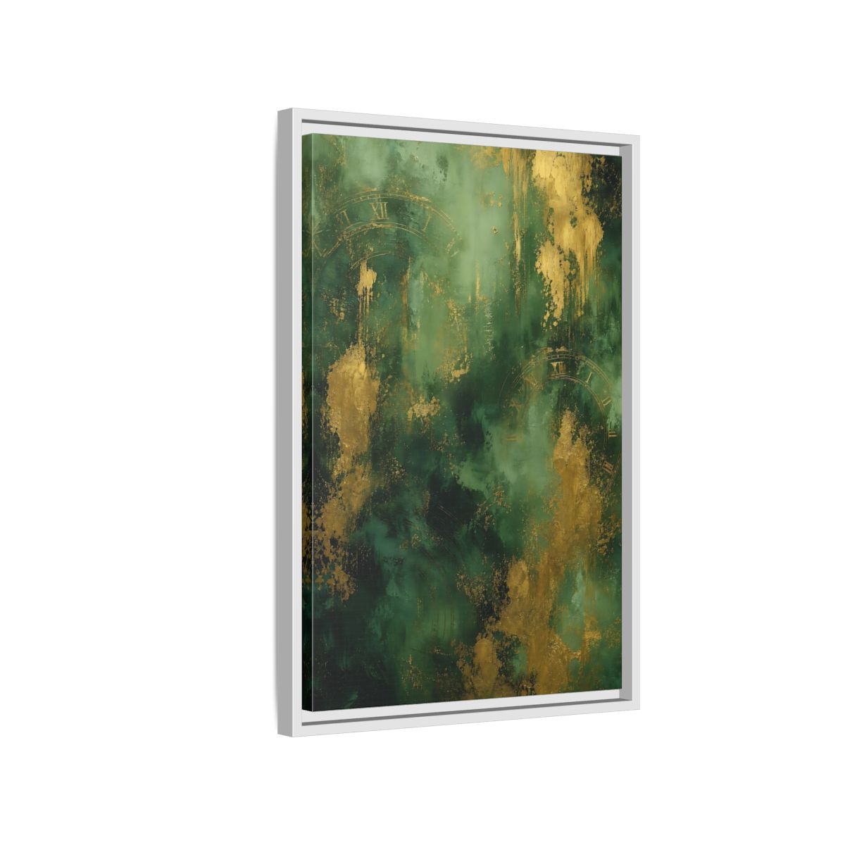 Side Mockup 1. Abstract Abstract Clock Green And Gold Abstract shown as stretched canvas wall art