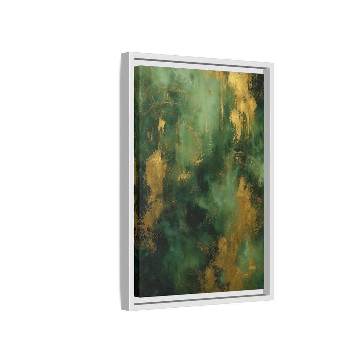 Side Mockup 4. Abstract Abstract Clock Green And Gold Abstract shown as stretched canvas wall art
