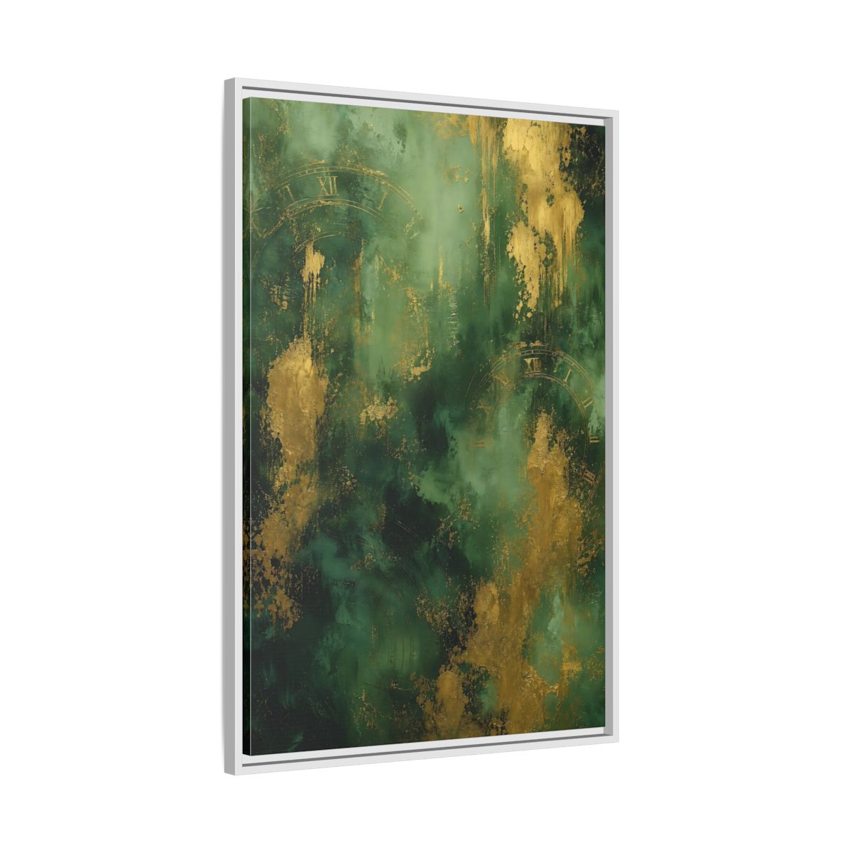 Side Mockup 9. Abstract Abstract Clock Green And Gold Abstract shown as stretched canvas wall art