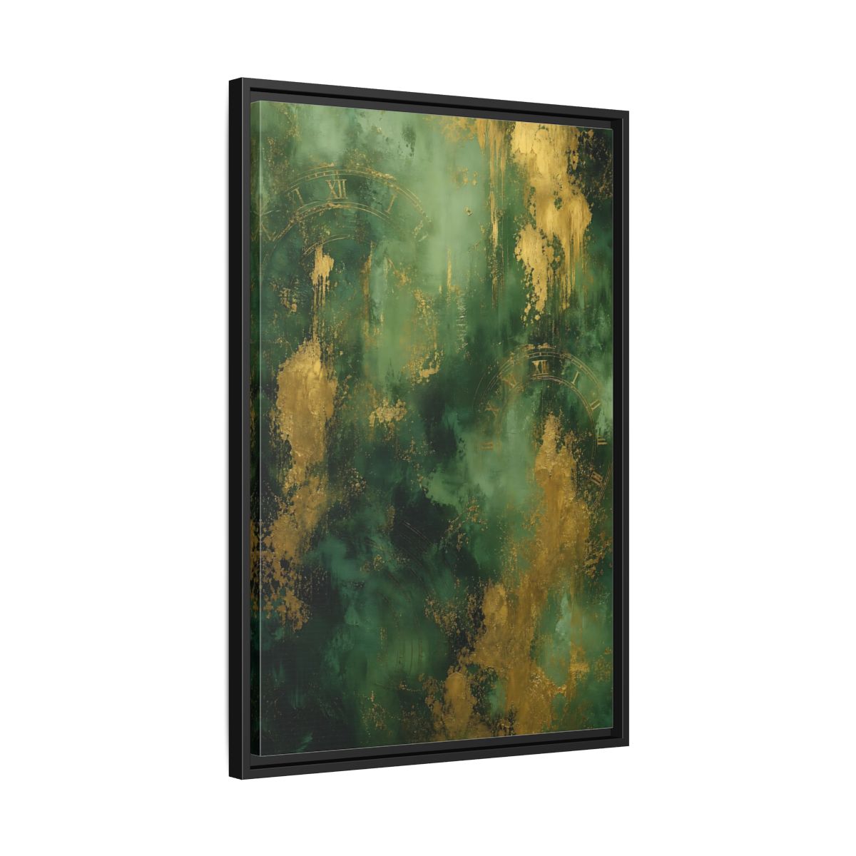 Side Mockup 14. Abstract Abstract Clock Green And Gold Abstract shown as stretched canvas wall art