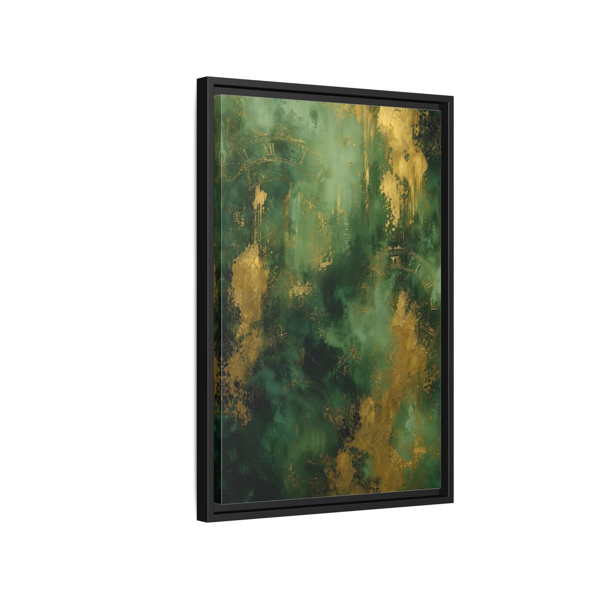 Side Mockup 3. Abstract Abstract Clock Green And Gold Abstract shown as stretched canvas wall art