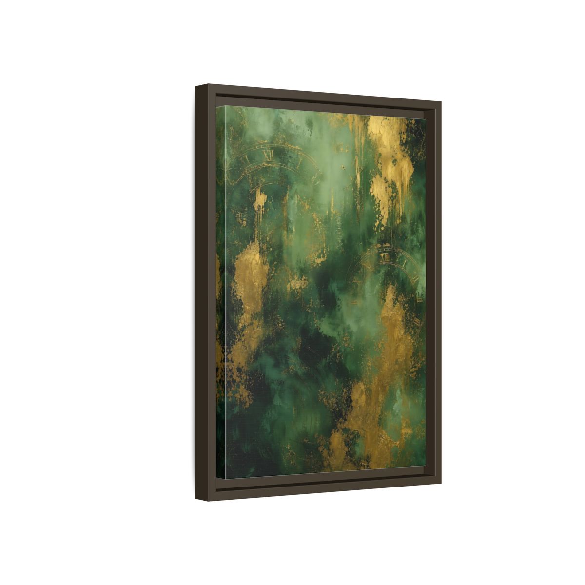 Side Mockup 5. Abstract Abstract Clock Green And Gold Abstract shown as stretched canvas wall art
