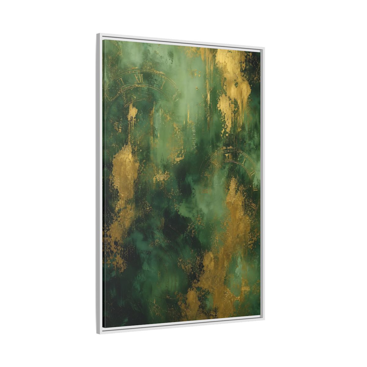 Side Mockup 7. Abstract Abstract Clock Green And Gold Abstract shown as stretched canvas wall art