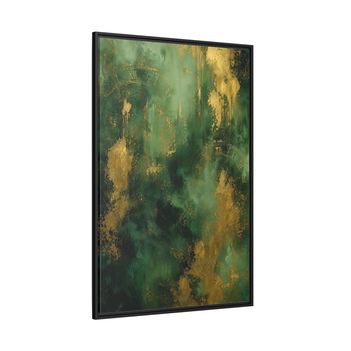 Side Mockup 12. Abstract Abstract Clock Green And Gold Abstract shown as stretched canvas wall art