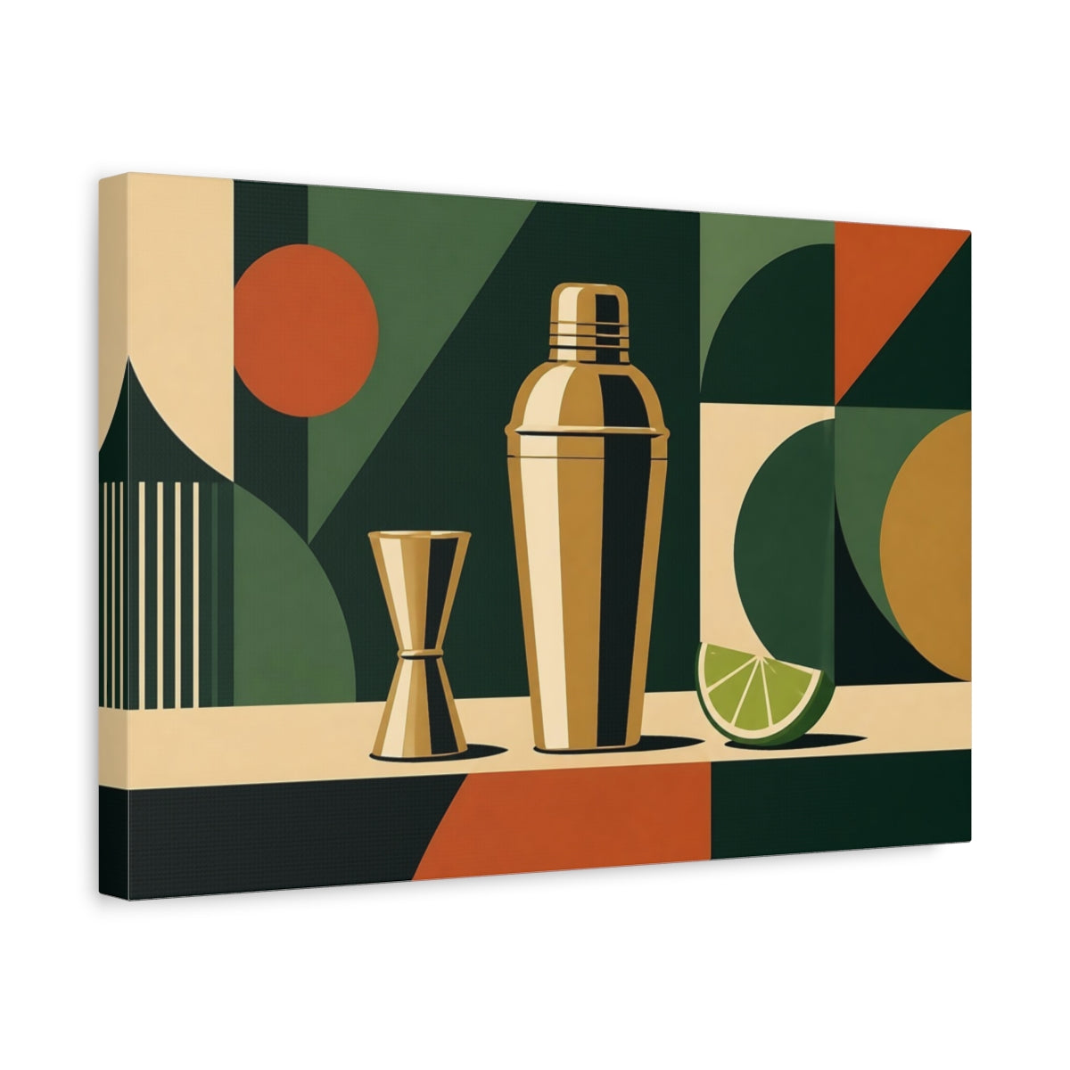 Side Mockup 4. Abstract Cocktail Shaker Dark Green And Gold shown as stretched canvas wall art