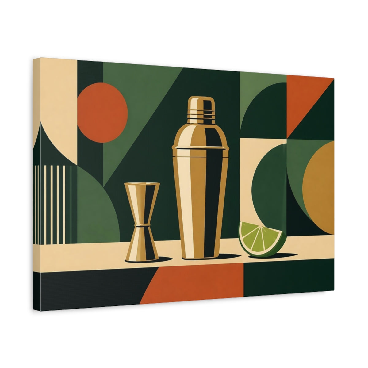 Side Mockup 3. Abstract Cocktail Shaker Dark Green And Gold shown as stretched canvas wall art
