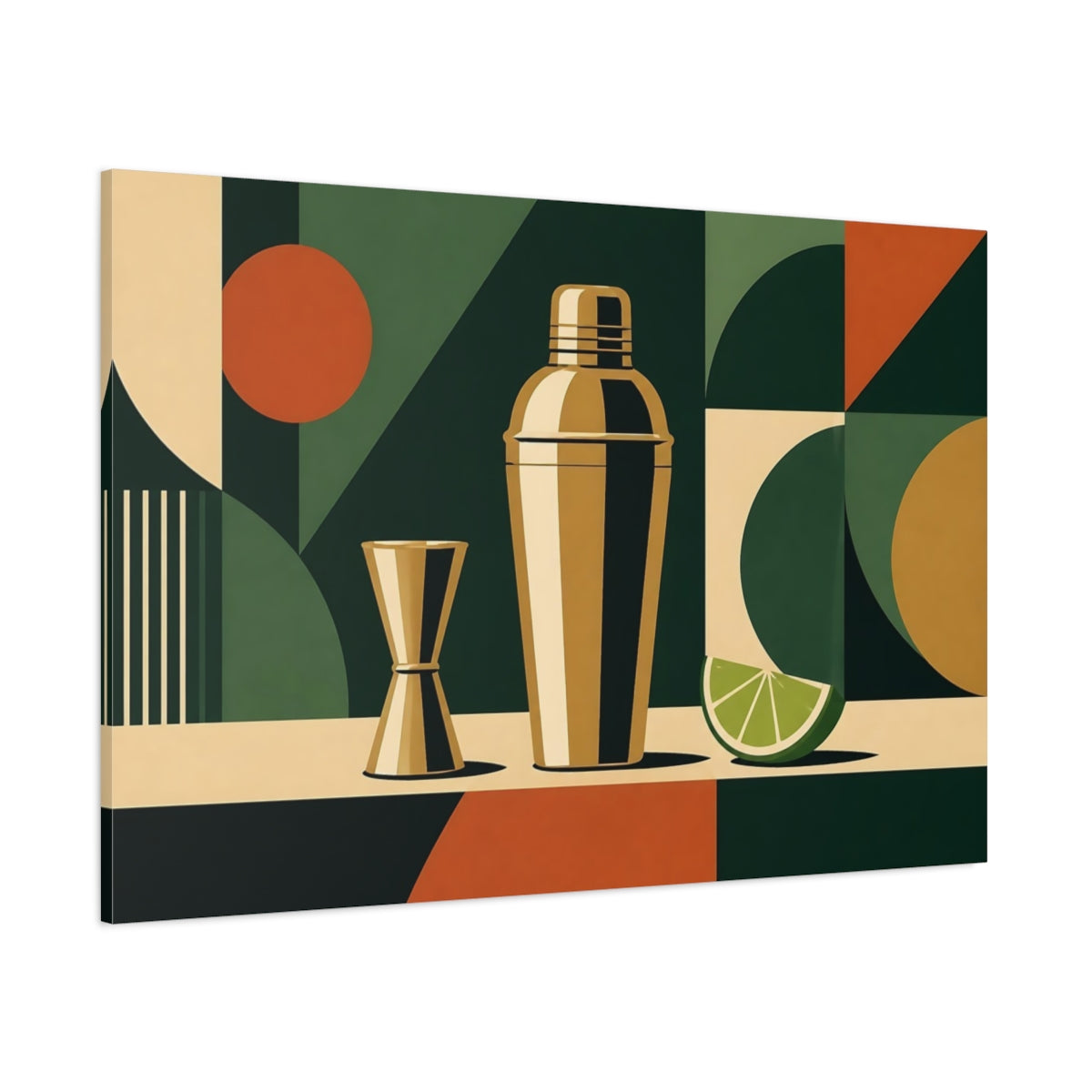 Side Mockup 1. Abstract Cocktail Shaker Dark Green And Gold shown as stretched canvas wall art