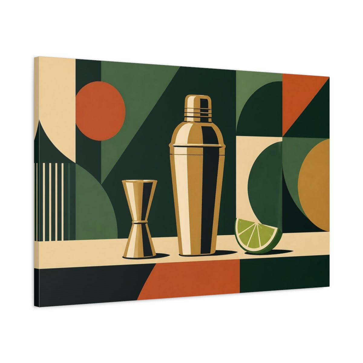 Main Mockup. Abstract Cocktail Shaker Dark Green And Gold shown as stretched canvas wall art