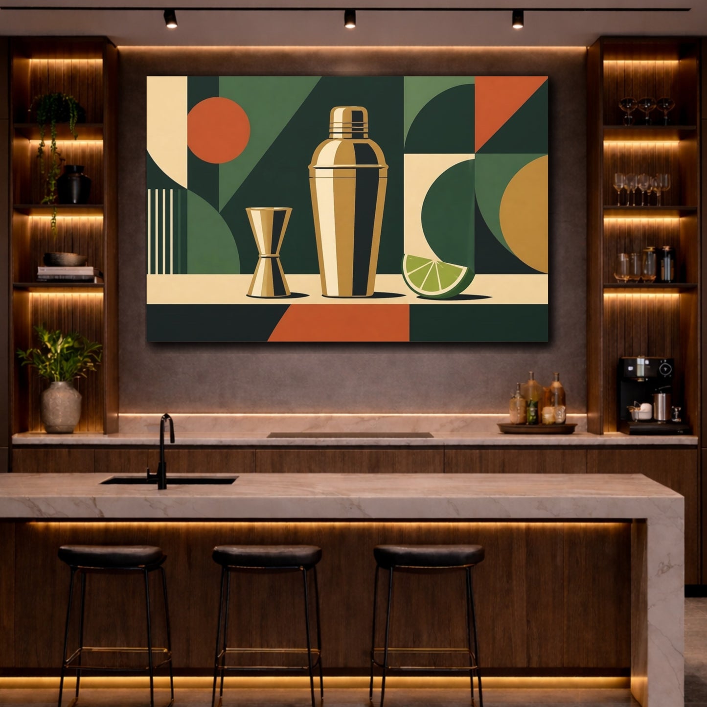 Mockup 2. Abstract Cocktail Shaker Dark Green And Gold shown as stretched canvas wall art