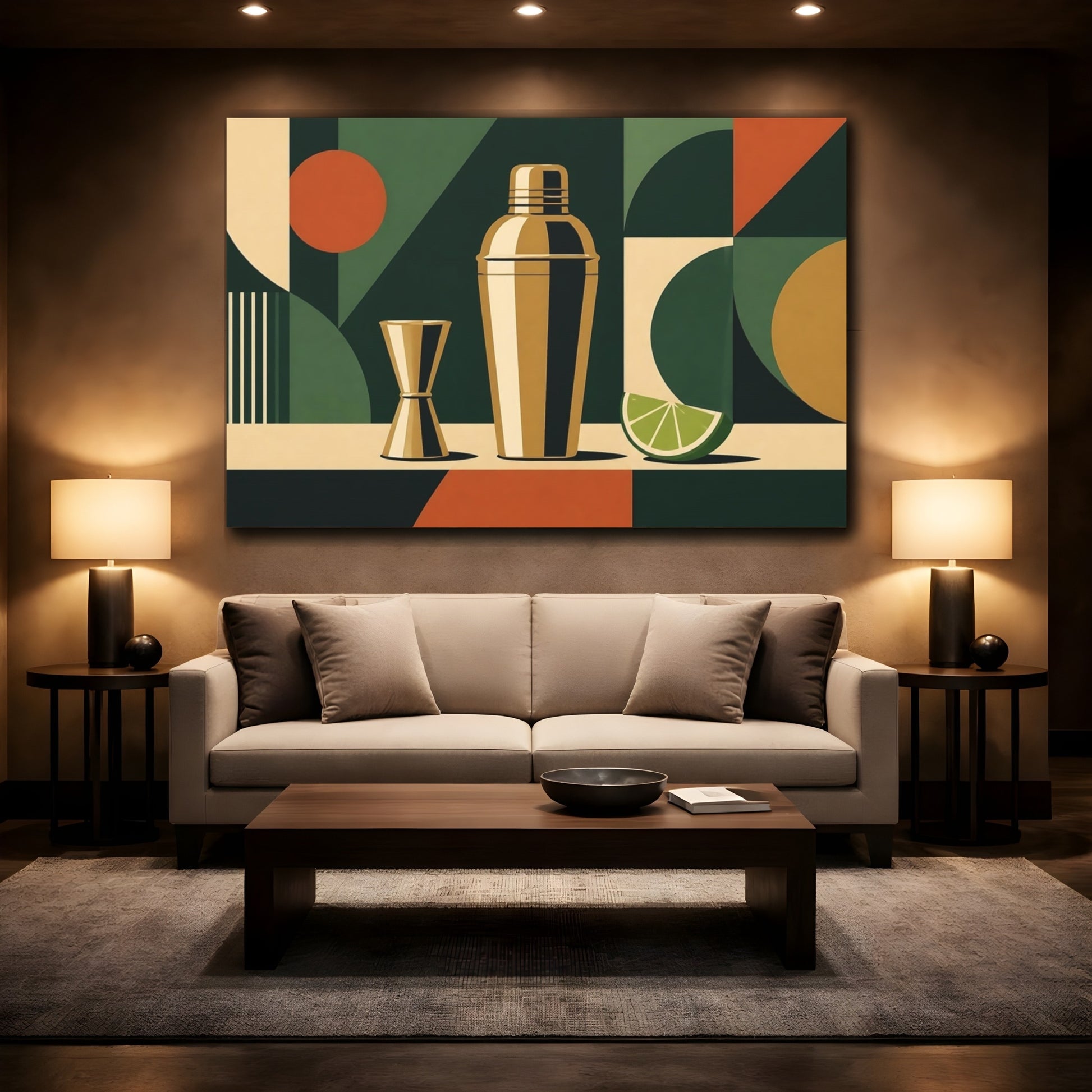 Mockup 3. Abstract Cocktail Shaker Dark Green And Gold shown as stretched canvas wall art