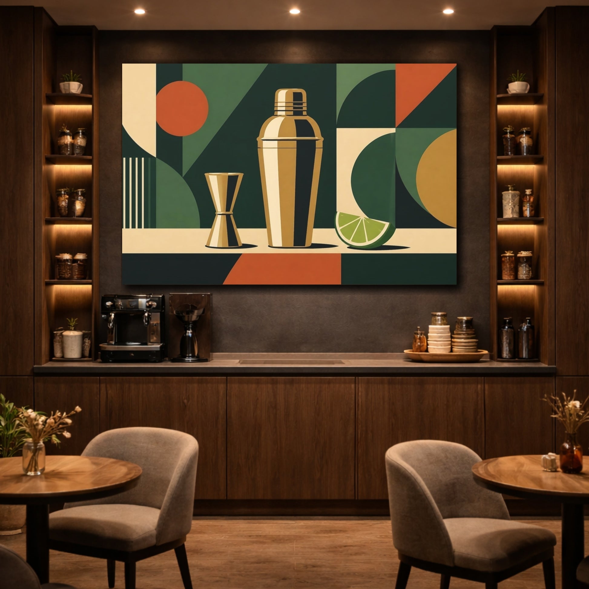Mockup 4. Abstract Cocktail Shaker Dark Green And Gold shown as stretched canvas wall art