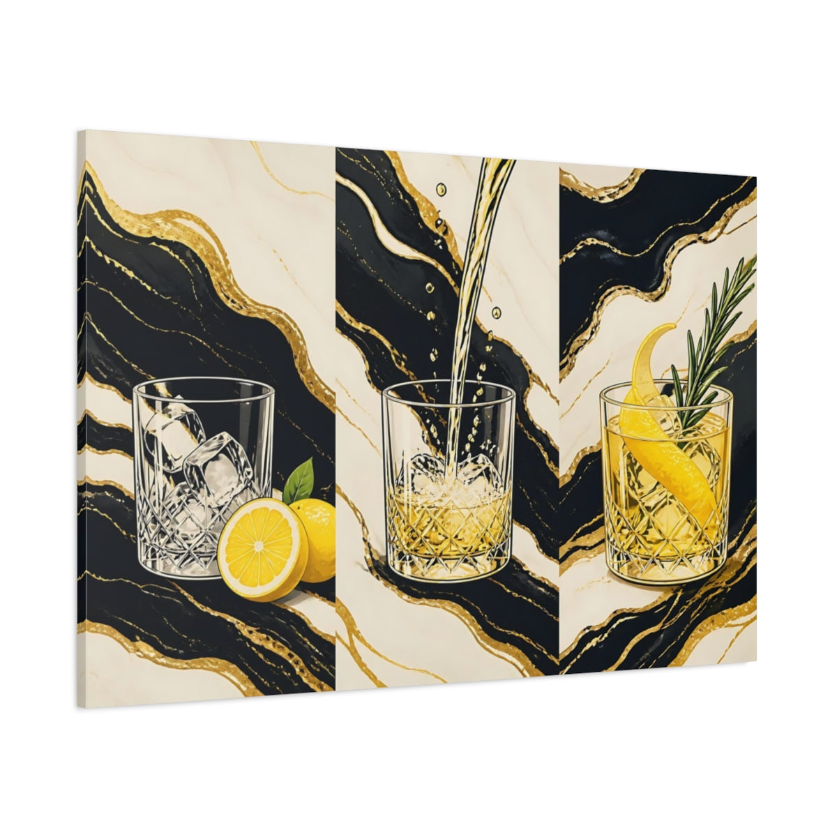 Side Mockup 1. Abstract Cocktails Black And Gold shown as stretched canvas wall art