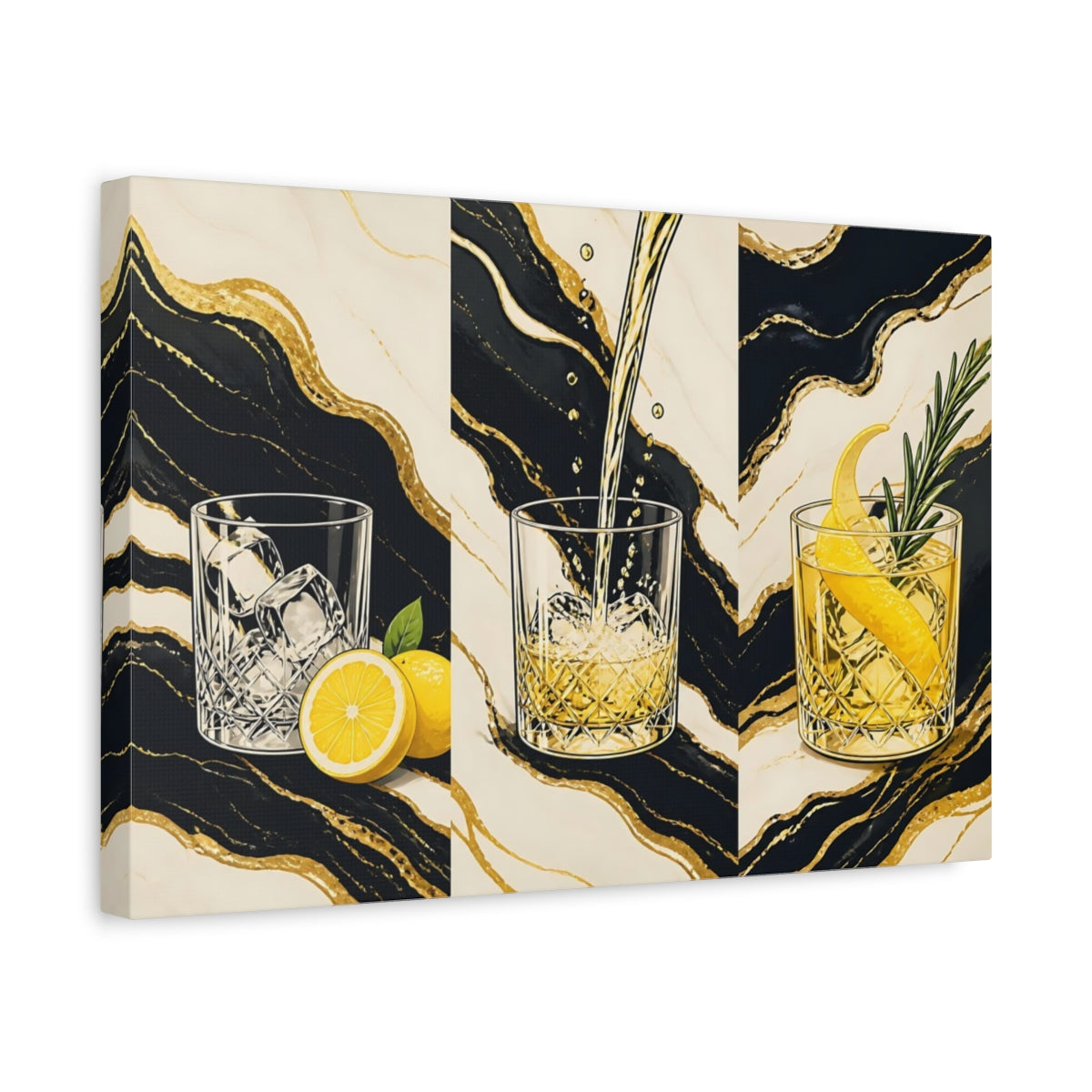 Side Mockup 4. Abstract Cocktails Black And Gold shown as stretched canvas wall art