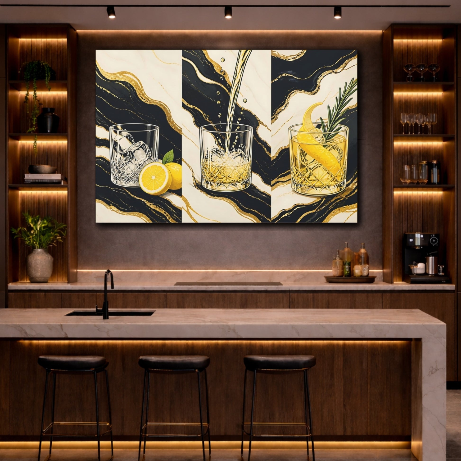 Mockup 2. Abstract Cocktails Black And Gold shown as stretched canvas wall art