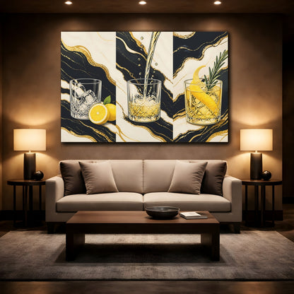 Mockup 3. Abstract Cocktails Black And Gold shown as stretched canvas wall art
