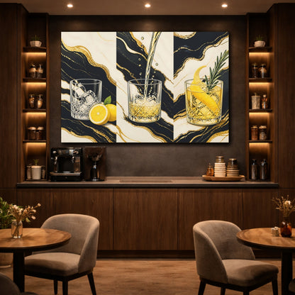Mockup 4. Abstract Cocktails Black And Gold shown as stretched canvas wall art