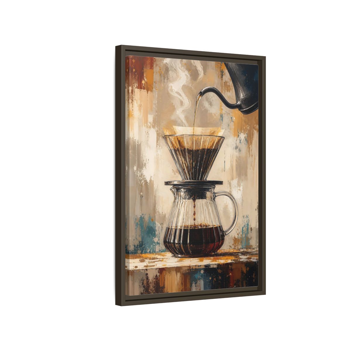Side Mockup 2. Abstract Coffee Brewing Warm Coffee Art shown as framed canvas print