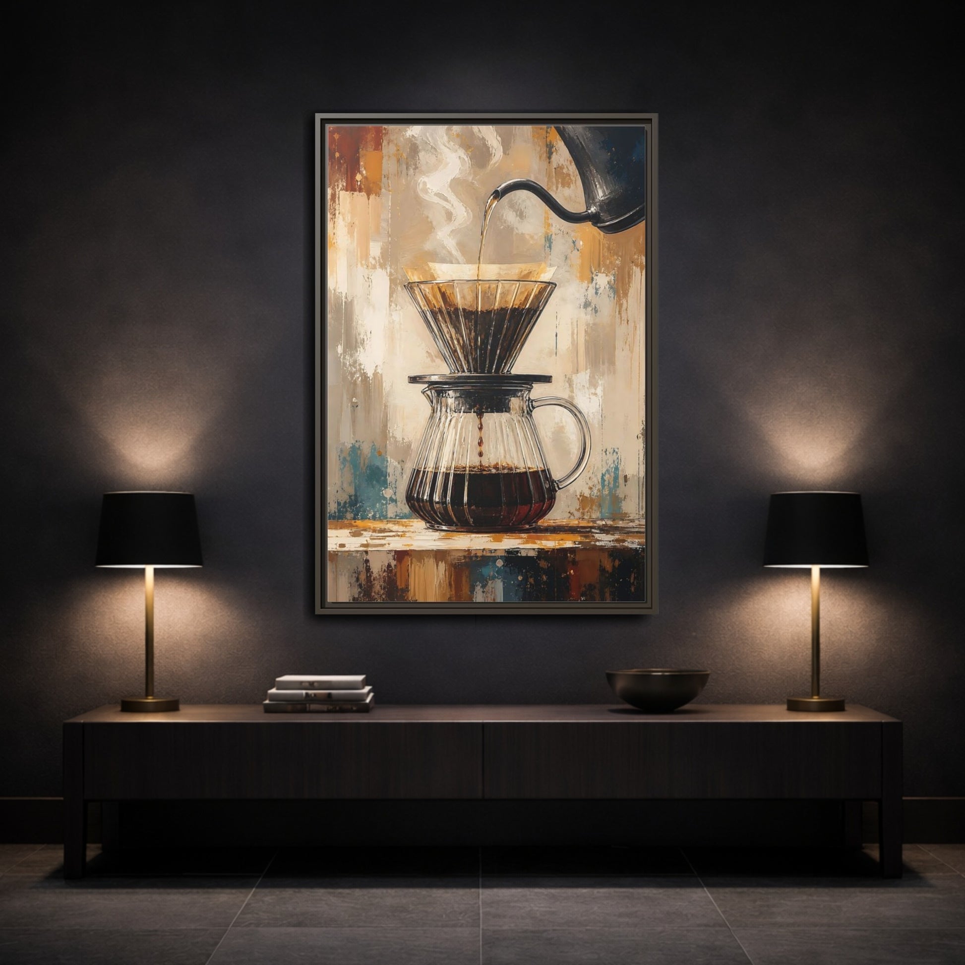 Mockup 2. Abstract Coffee Brewing Warm Coffee Art shown as framed canvas print