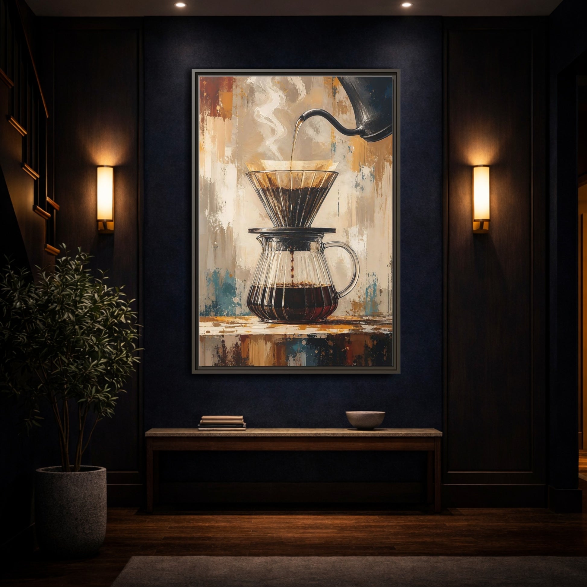 Mockup 4. Abstract Coffee Brewing Warm Coffee Art shown as framed canvas print