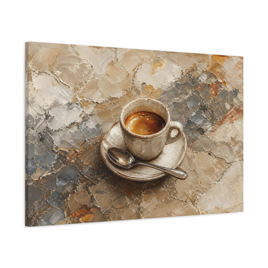 Main Mockup. Abstract Coffee Cup Brown And Gray shown as stretched canvas wall art