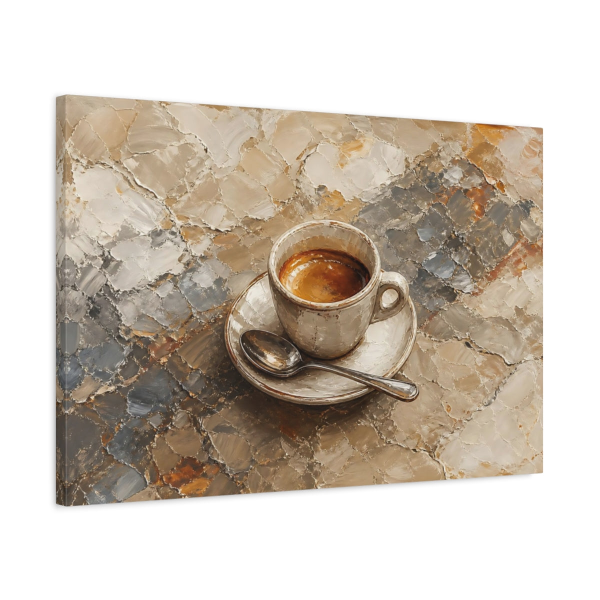 Side Mockup 2. Abstract Coffee Cup Brown And Gray shown as stretched canvas wall art