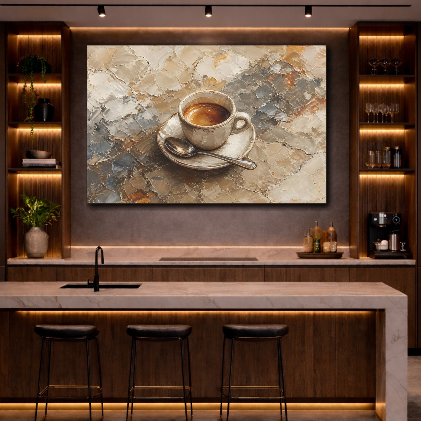 Mockup 2. Abstract Coffee Cup Brown And Gray shown as stretched canvas wall art