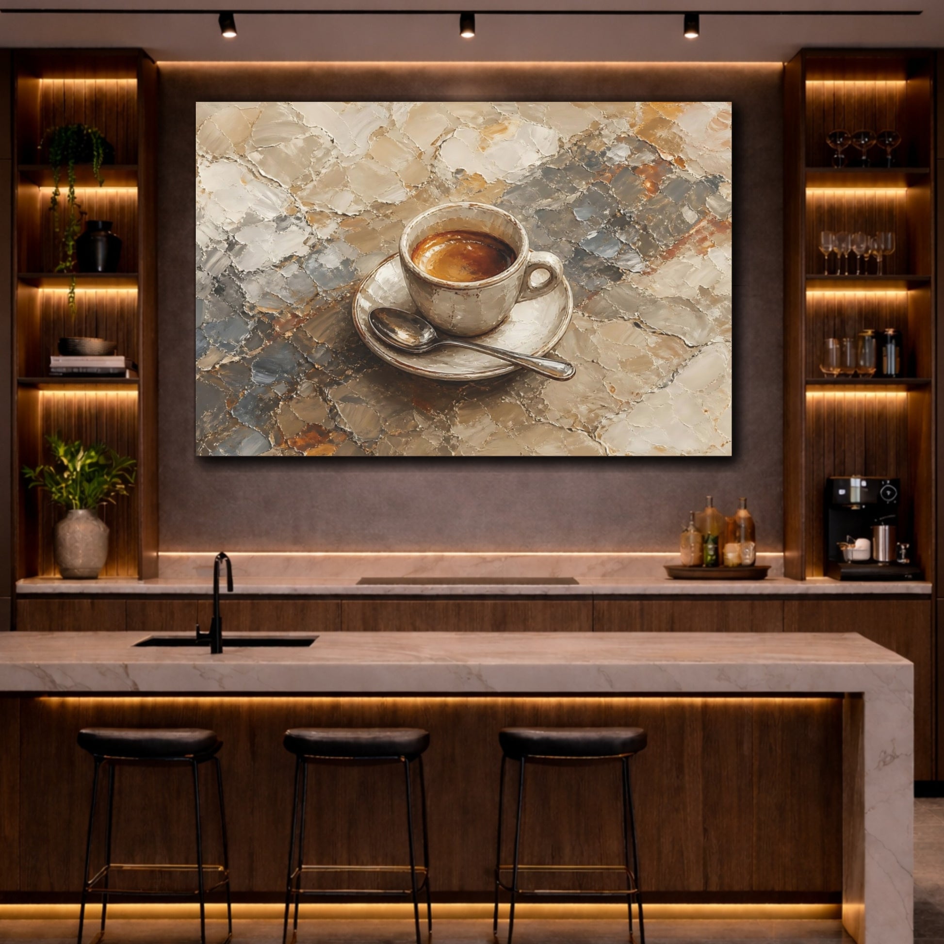 Mockup 2. Abstract Coffee Cup Brown And Gray shown as stretched canvas wall art
